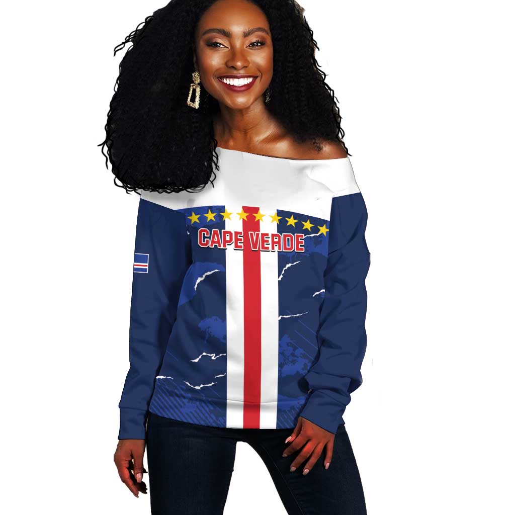 Custom Cape Verde Football Off Shoulder Sweater Blue Sharks Sporty