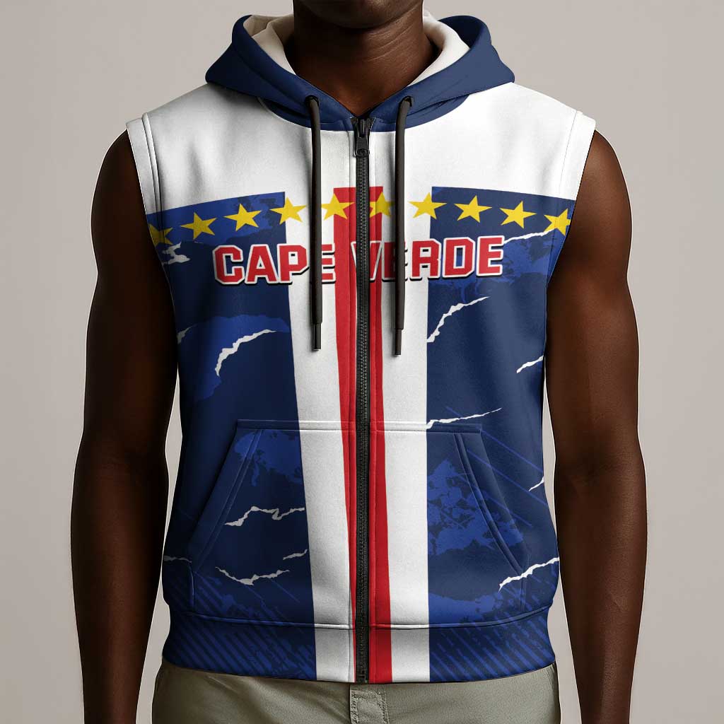 Custom Cape Verde Football Sleeveless Zip Hoodie Blue Sharks Sporty - African Pride