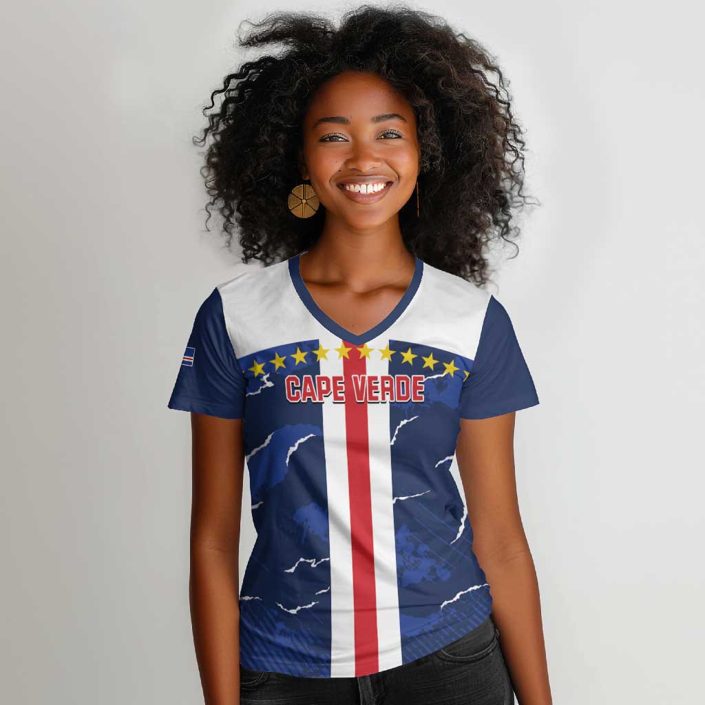 Custom Cape Verde Football Women V-Neck T-Shirt Blue Sharks Sporty