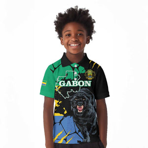 Personalized Gabon Black Panther Kid Polo Shirt Gabonese Map Grunge Style