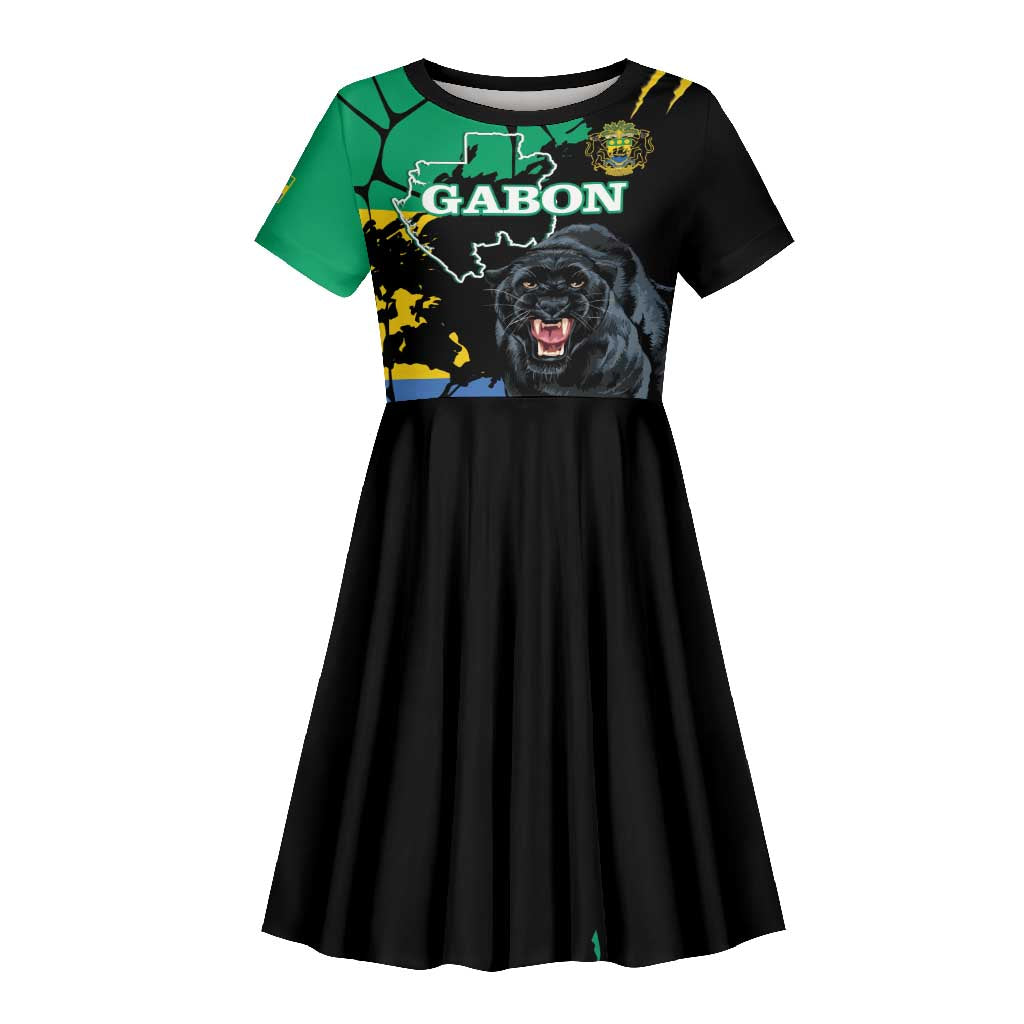 Personalized Gabon Black Panther Kid Short Sleeve Dress Gabonese Map Grunge Style