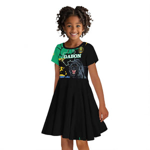 Personalized Gabon Black Panther Kid Short Sleeve Dress Gabonese Map Grunge Style