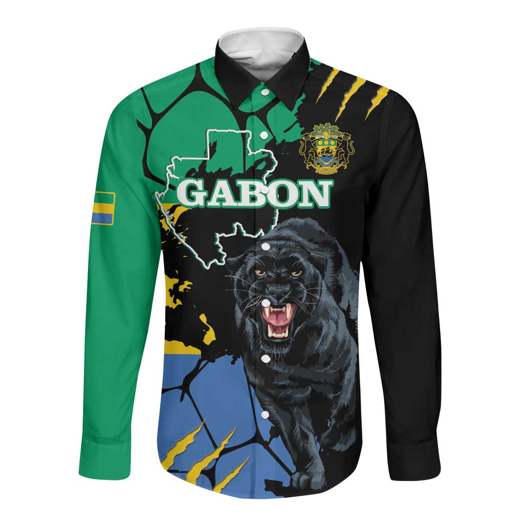 Personalized Gabon Black Panther Long Sleeve Button Shirt Gabonese Map Grunge Style