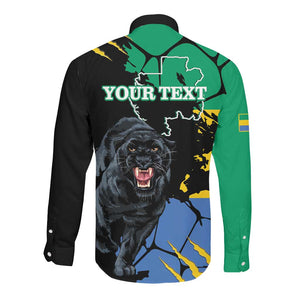 Personalized Gabon Black Panther Long Sleeve Button Shirt Gabonese Map Grunge Style