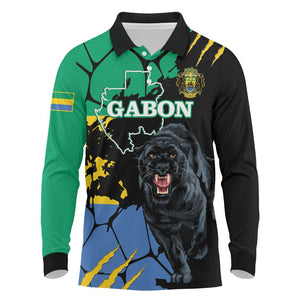 Personalized Gabon Black Panther Long Sleeve Polo Shirt Gabonese Map Grunge Style