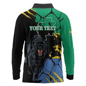 Personalized Gabon Black Panther Long Sleeve Polo Shirt Gabonese Map Grunge Style