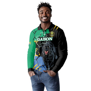 Personalized Gabon Black Panther Long Sleeve Polo Shirt Gabonese Map Grunge Style