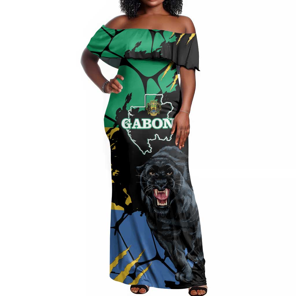 Personalized Gabon Black Panther Off Shoulder Maxi Dress Gabonese Map Grunge Style