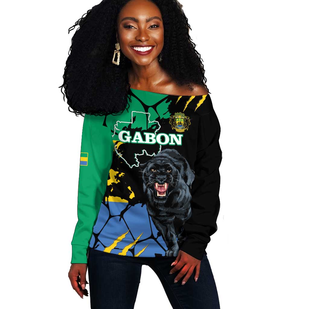 Personalized Gabon Black Panther Off Shoulder Sweater Gabonese Map Grunge Style