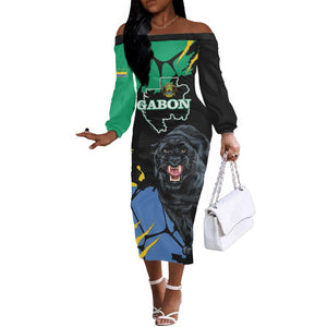 Personalized Gabon Black Panther Off The Shoulder Long Sleeve Dress Gabonese Map Grunge Style