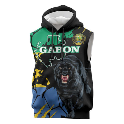 Personalized Gabon Black Panther Sleeveless Hoodie Gabonese Map Grunge Style - African Pride