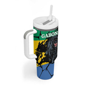 Personalized Gabon Black Panther Tumbler With Handle Gabonese Map Grunge Style