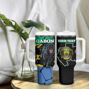 Personalized Gabon Black Panther Tumbler With Handle Gabonese Map Grunge Style