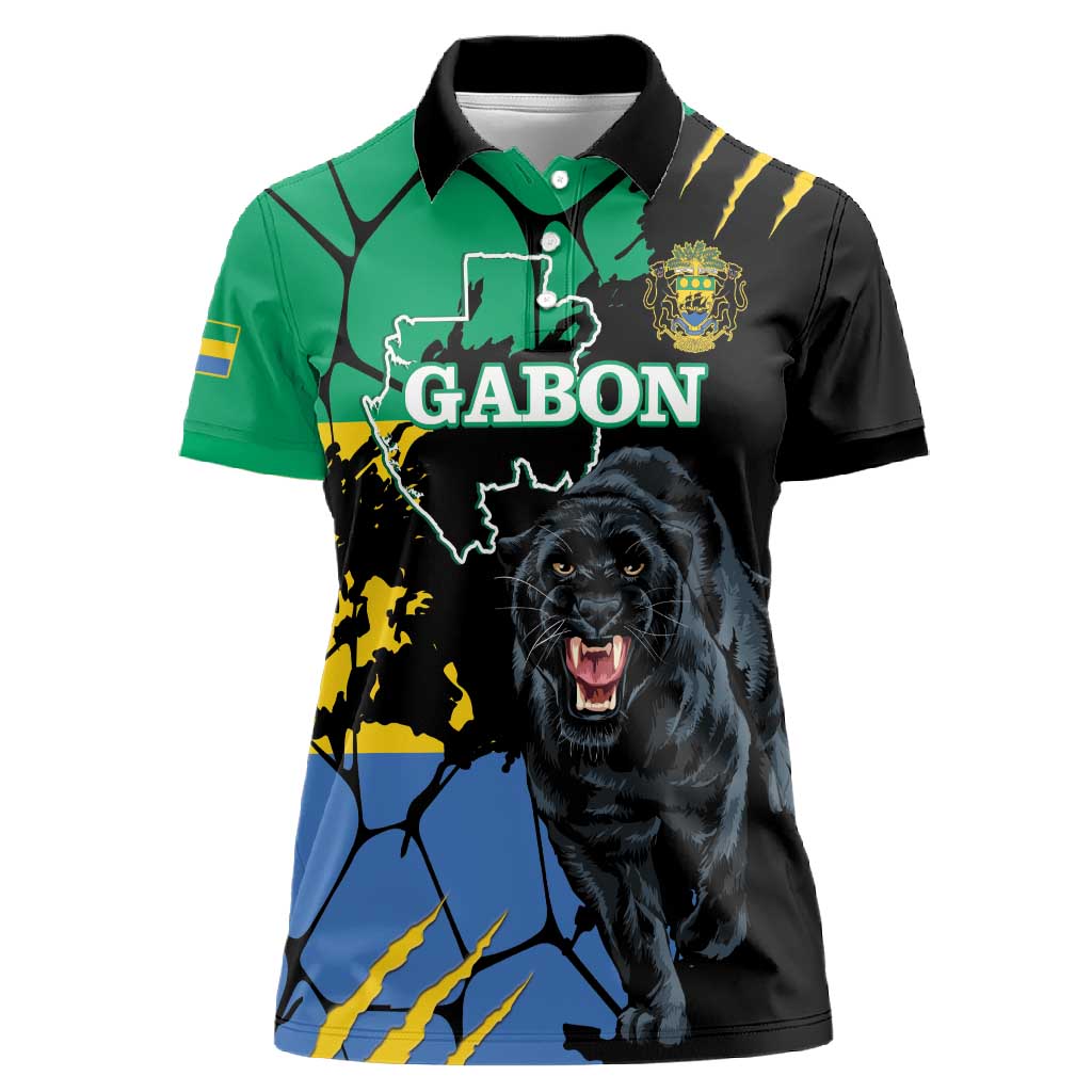 Personalized Gabon Black Panther Women Polo Shirt Gabonese Map Grunge Style