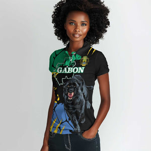 Personalized Gabon Black Panther Women Polo Shirt Gabonese Map Grunge Style