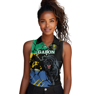 Personalized Gabon Black Panther Women Sleeveless Polo Shirt Gabonese Map Grunge Style