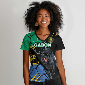 Personalized Gabon Black Panther Women V-Neck T-Shirt Gabonese Map Grunge Style