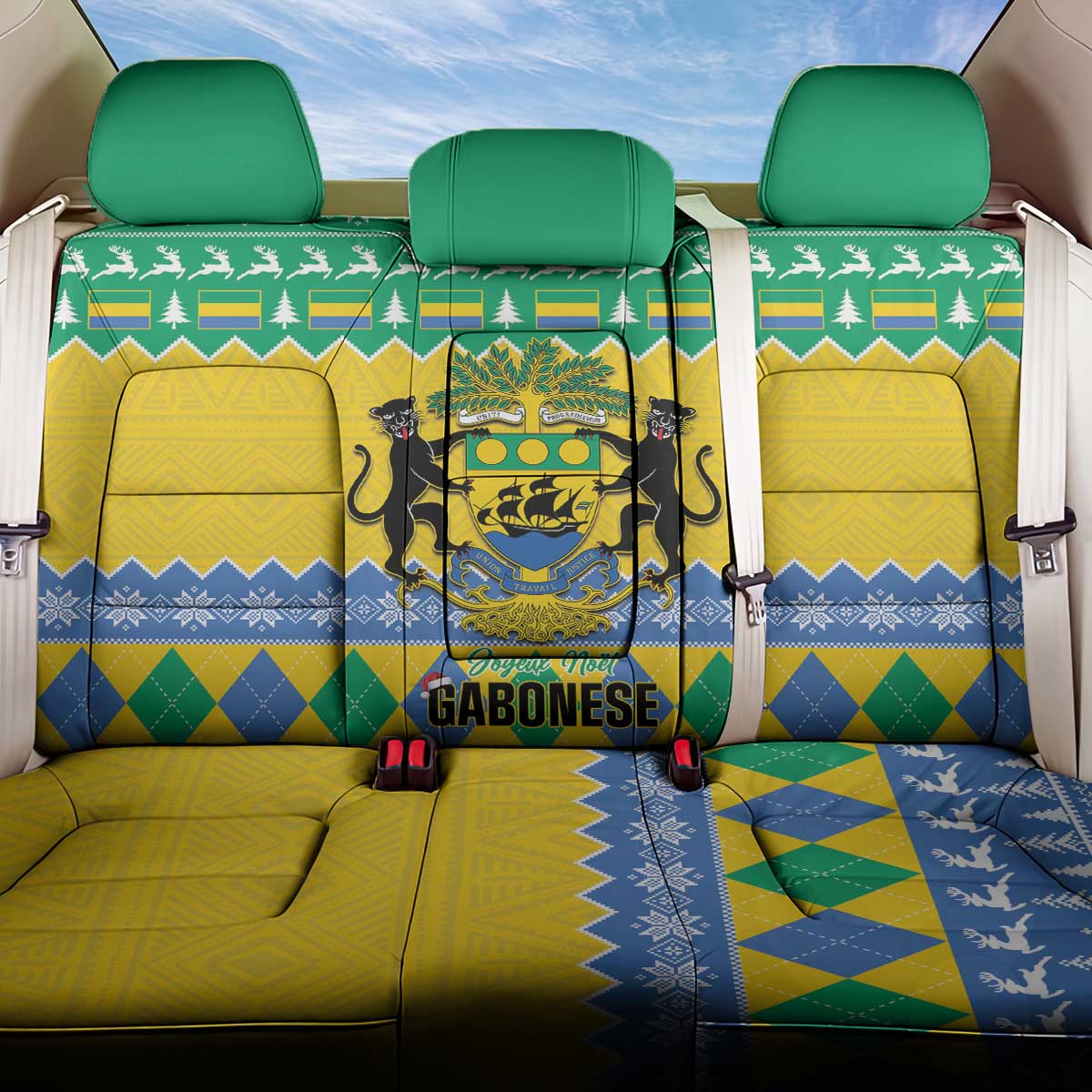 Afro Gabon Christmas Back Car Seat Cover Joyeux Noel Coat Of Arms - African Pattern