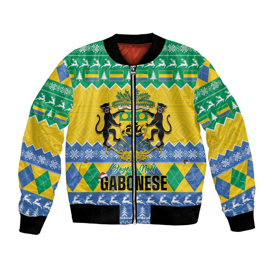 Afro Gabon Christmas Bomber Jacket Joyeux Noel Coat Of Arms - African Pattern