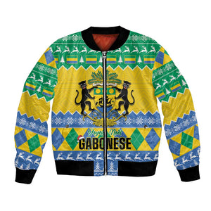 Afro Gabon Christmas Bomber Jacket Joyeux Noel Coat Of Arms - African Pattern