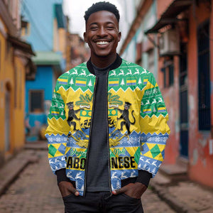 Afro Gabon Christmas Bomber Jacket Joyeux Noel Coat Of Arms - African Pattern