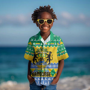 Afro Gabon Christmas Kid Hawaiian Shirt Joyeux Noel Coat Of Arms - African Pattern