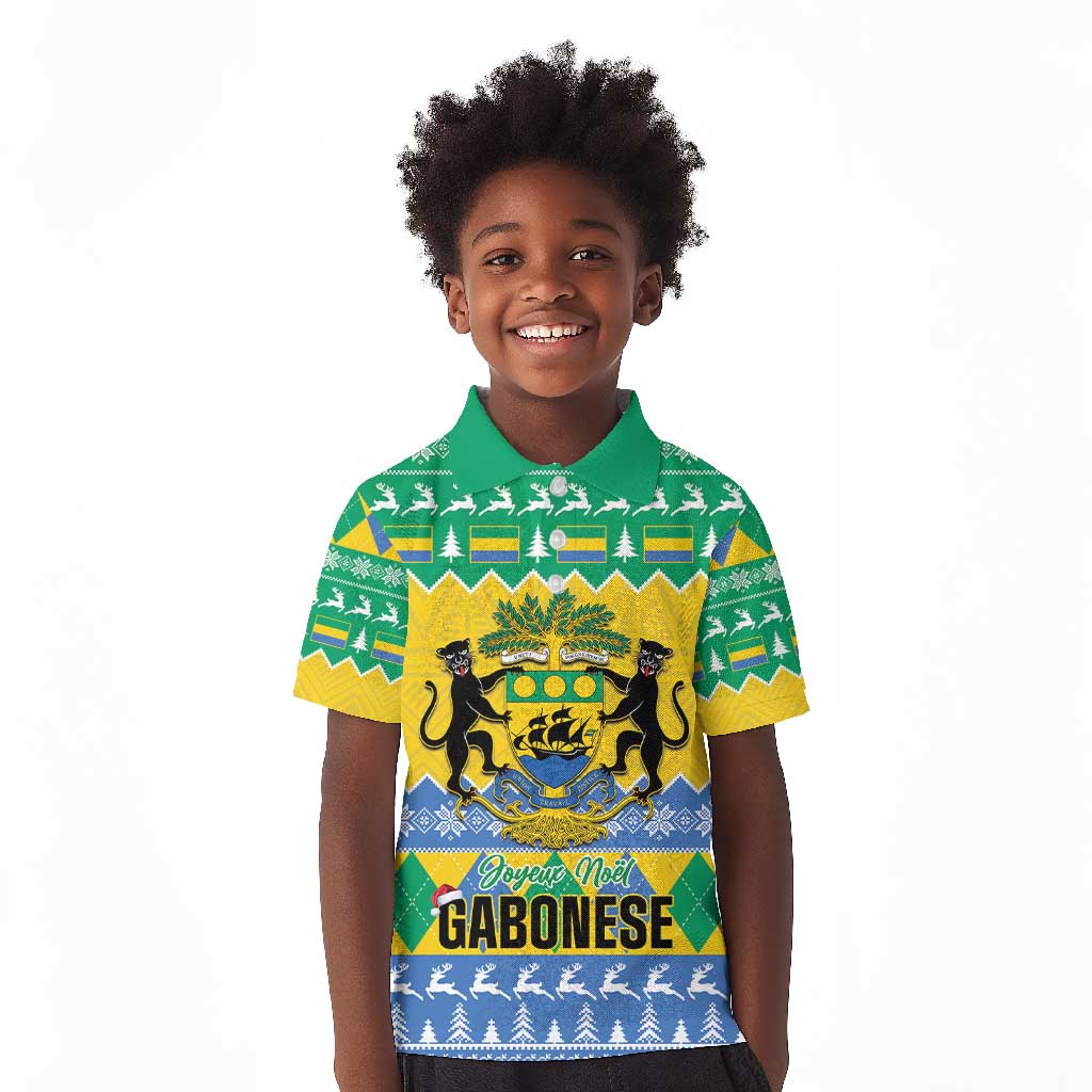 Afro Gabon Christmas Kid Polo Shirt Joyeux Noel Coat Of Arms - African Pattern