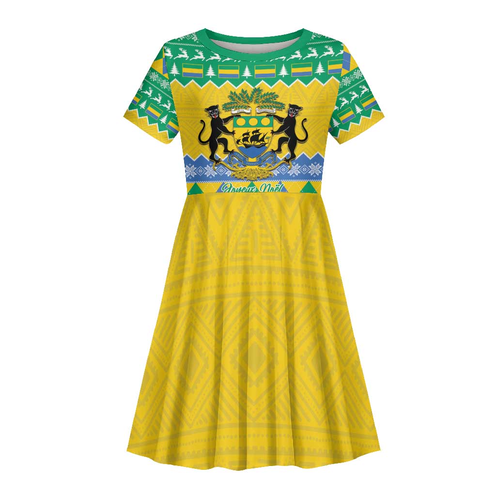 Afro Gabon Christmas Kid Short Sleeve Dress Joyeux Noel Coat Of Arms - African Pattern