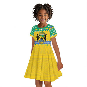 Afro Gabon Christmas Kid Short Sleeve Dress Joyeux Noel Coat Of Arms - African Pattern