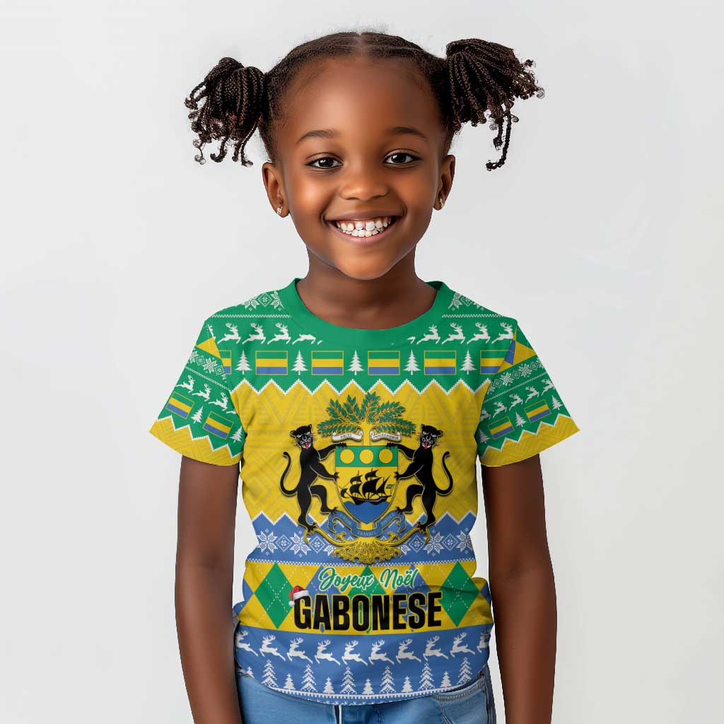 Afro Gabon Christmas Kid T shirt Joyeux Noel Coat Of Arms - African Pattern