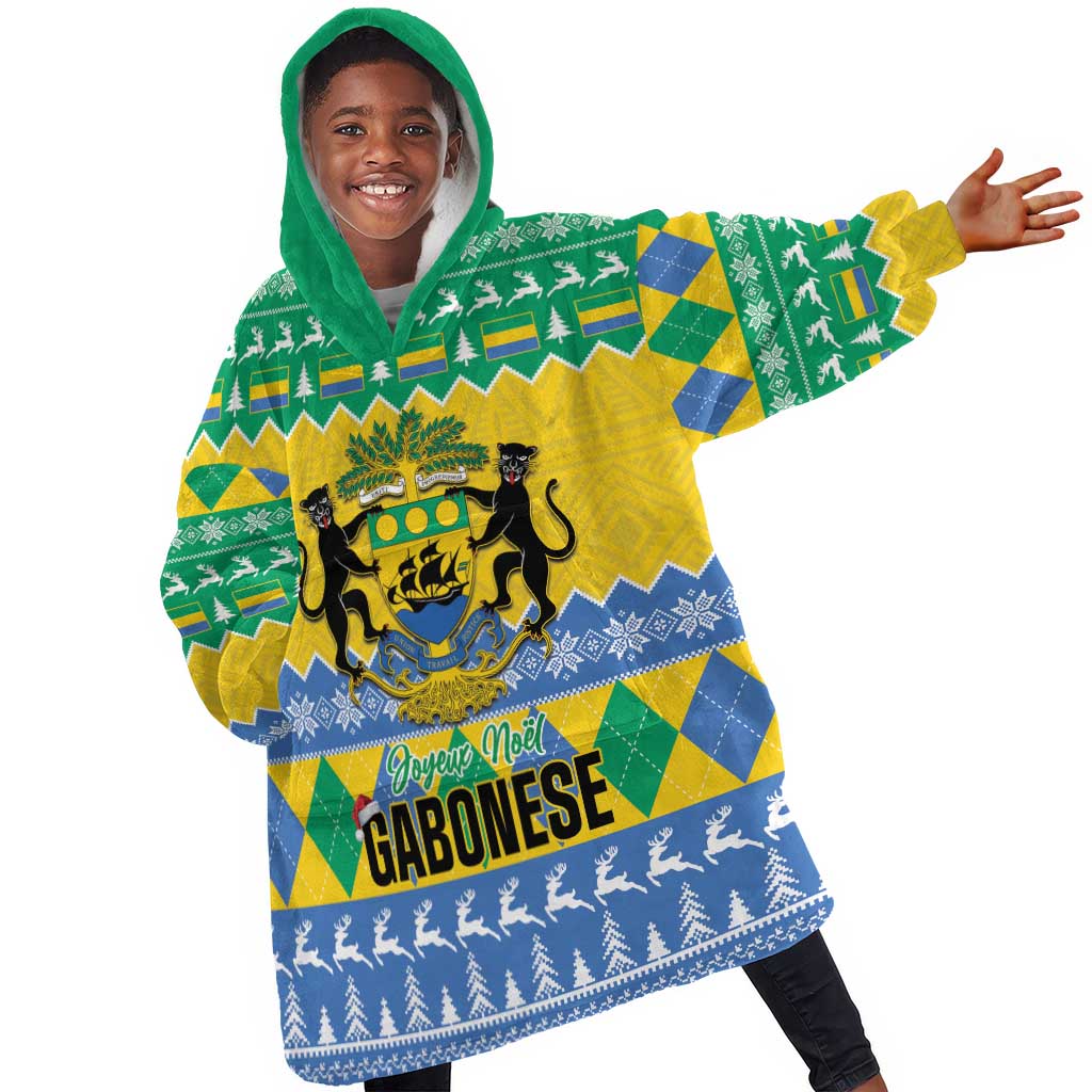 Afro Gabon Christmas Kid Wearable Blanket Hoodie Joyeux Noel Coat Of Arms - African Pattern