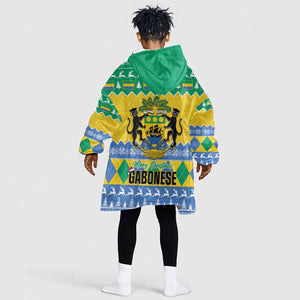 Afro Gabon Christmas Kid Wearable Blanket Hoodie Joyeux Noel Coat Of Arms - African Pattern