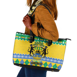 Afro Gabon Christmas Leather Tote Bag Joyeux Noel Coat Of Arms - African Pattern