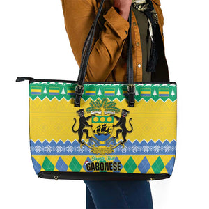 Afro Gabon Christmas Leather Tote Bag Joyeux Noel Coat Of Arms - African Pattern