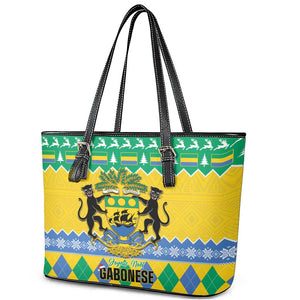 Afro Gabon Christmas Leather Tote Bag Joyeux Noel Coat Of Arms - African Pattern