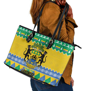 Afro Gabon Christmas Leather Tote Bag Joyeux Noel Coat Of Arms - African Pattern