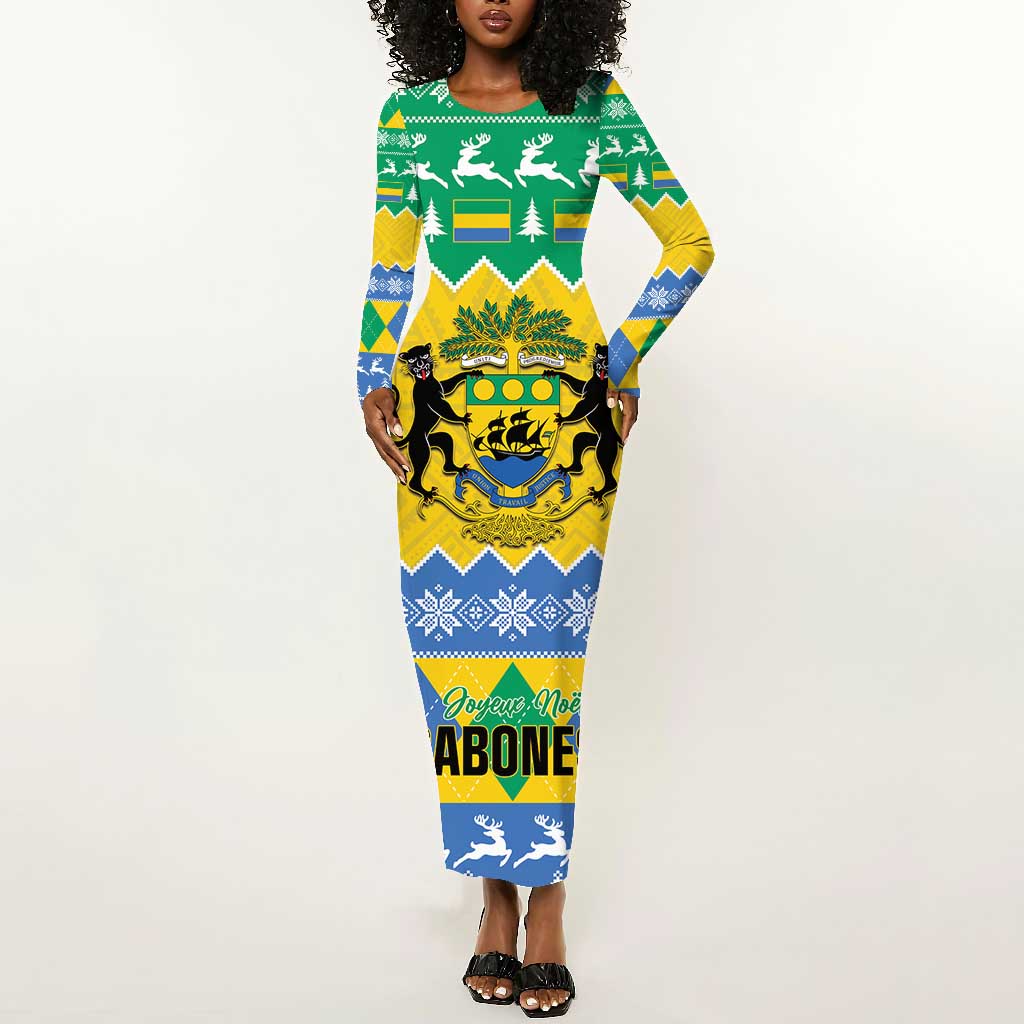 Afro Gabon Christmas Long Sleeve Bodycon Dress Joyeux Noel Coat Of Arms - African Pattern