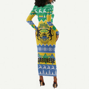 Afro Gabon Christmas Long Sleeve Bodycon Dress Joyeux Noel Coat Of Arms - African Pattern