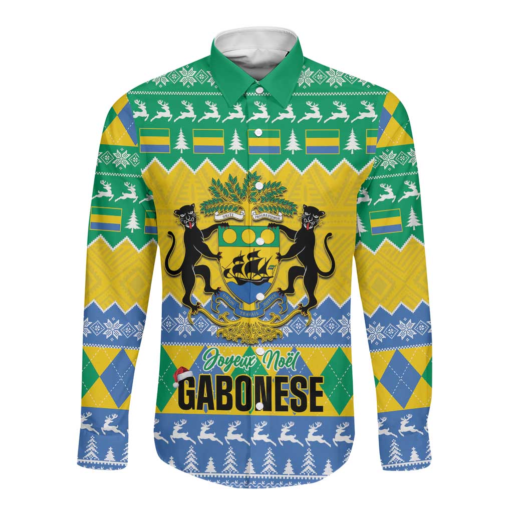 Afro Gabon Christmas Long Sleeve Button Shirt Joyeux Noel Coat Of Arms - African Pattern