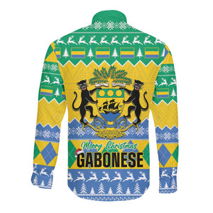 Afro Gabon Christmas Long Sleeve Button Shirt Joyeux Noel Coat Of Arms - African Pattern