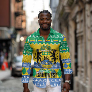 Afro Gabon Christmas Long Sleeve Button Shirt Joyeux Noel Coat Of Arms - African Pattern