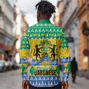 Afro Gabon Christmas Long Sleeve Button Shirt Joyeux Noel Coat Of Arms - African Pattern