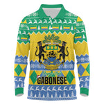 Afro Gabon Christmas Long Sleeve Polo Shirt Joyeux Noel Coat Of Arms - African Pattern