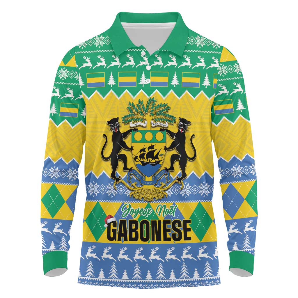 Afro Gabon Christmas Long Sleeve Polo Shirt Joyeux Noel Coat Of Arms - African Pattern