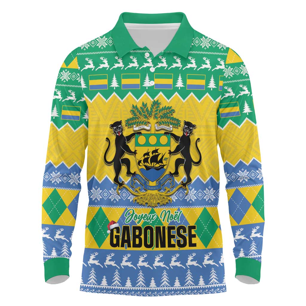 Afro Gabon Christmas Long Sleeve Polo Shirt Joyeux Noel Coat Of Arms - African Pattern