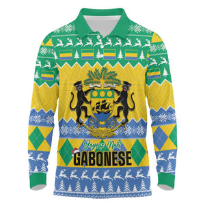 Afro Gabon Christmas Long Sleeve Polo Shirt Joyeux Noel Coat Of Arms - African Pattern