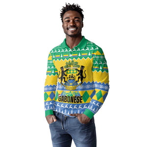 Afro Gabon Christmas Long Sleeve Polo Shirt Joyeux Noel Coat Of Arms - African Pattern