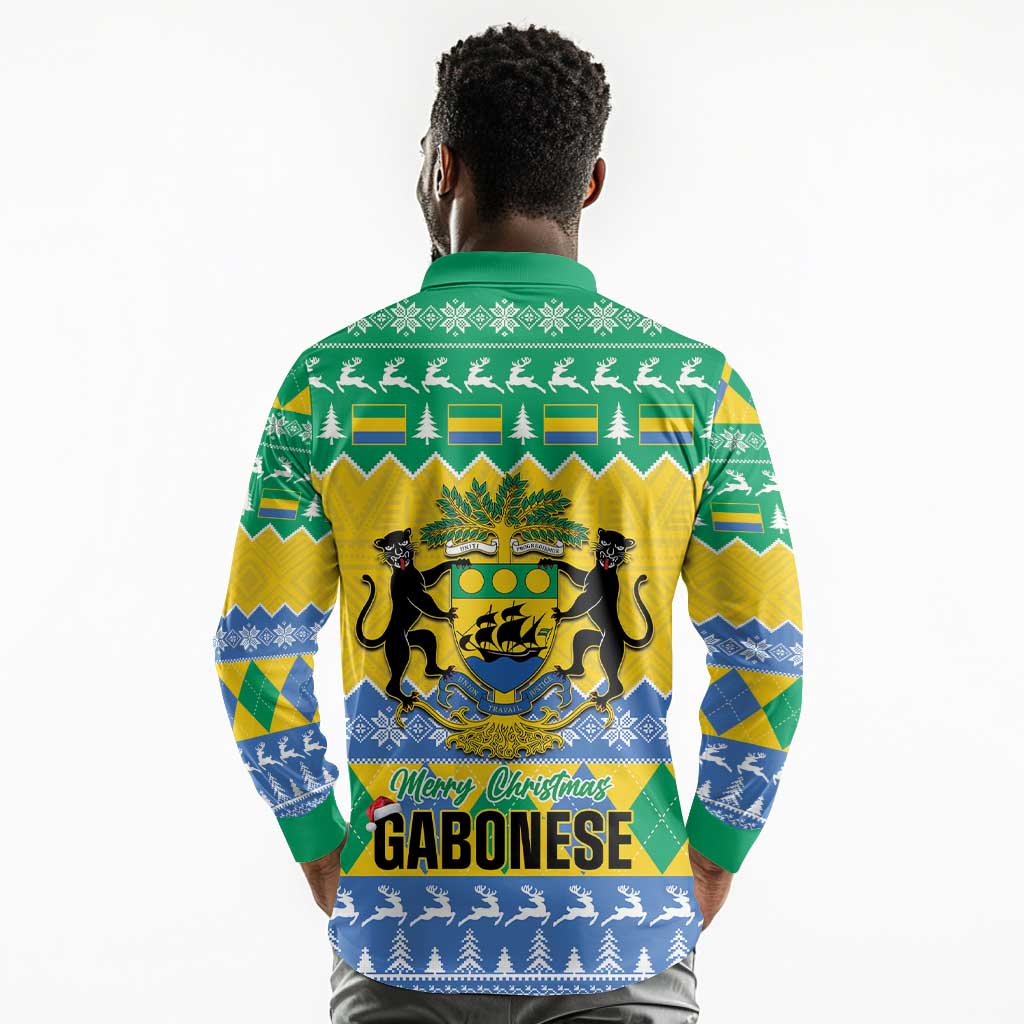 Afro Gabon Christmas Long Sleeve Polo Shirt Joyeux Noel Coat Of Arms - African Pattern