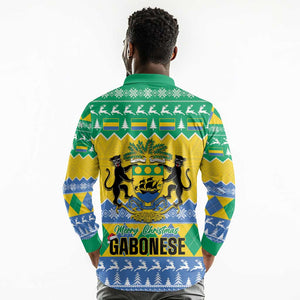 Afro Gabon Christmas Long Sleeve Polo Shirt Joyeux Noel Coat Of Arms - African Pattern