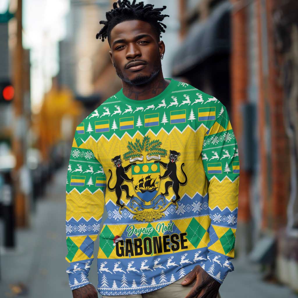 Afro Gabon Christmas Long Sleeve Shirt Joyeux Noel Coat Of Arms - African Pattern